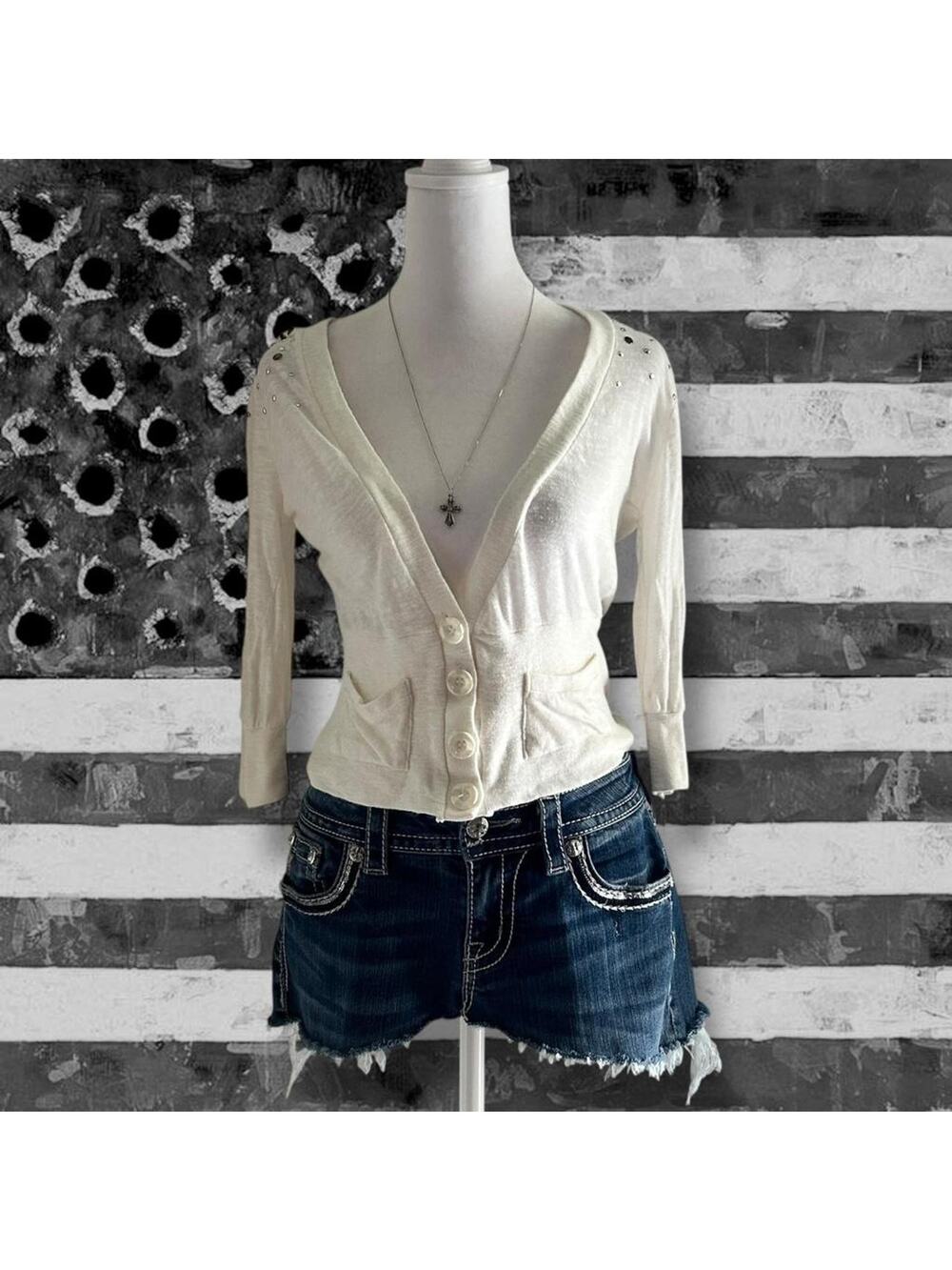 sparkling gold stud + rhinestone shoulder ivory cardigan